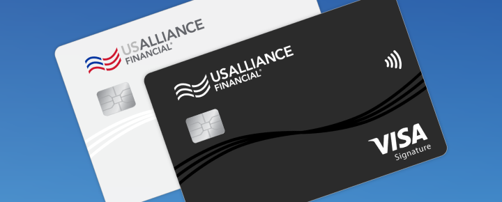 USALLIANCE Visa credit card options in white and black. 