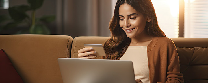 Happy woman sitting in her living room, using her USALLIANCE secured credit card to online shop.