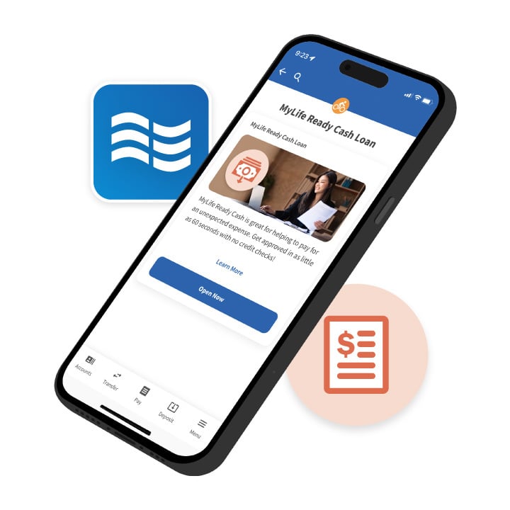 Smartphone displaying USALLIANCE's MyLife Ready Cash Loan digital banking screen.