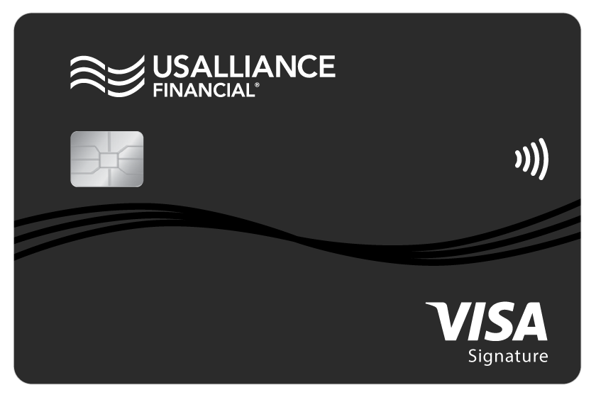 Black credit card with USALLIANCE Financial logo, chip, contactless symbol, and Visa Signature logo.